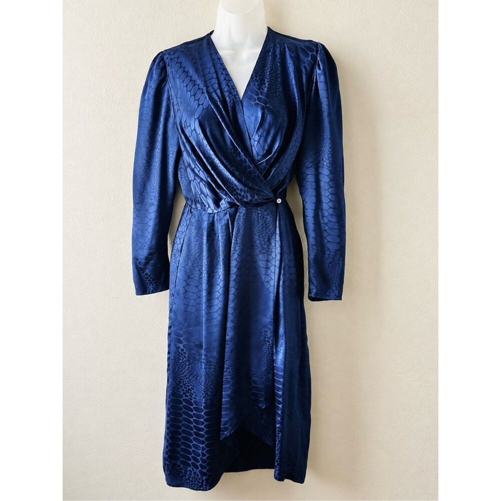 Vintage Argenti Petite Silk Wrap Dress 4 Blue Jacquard Midi